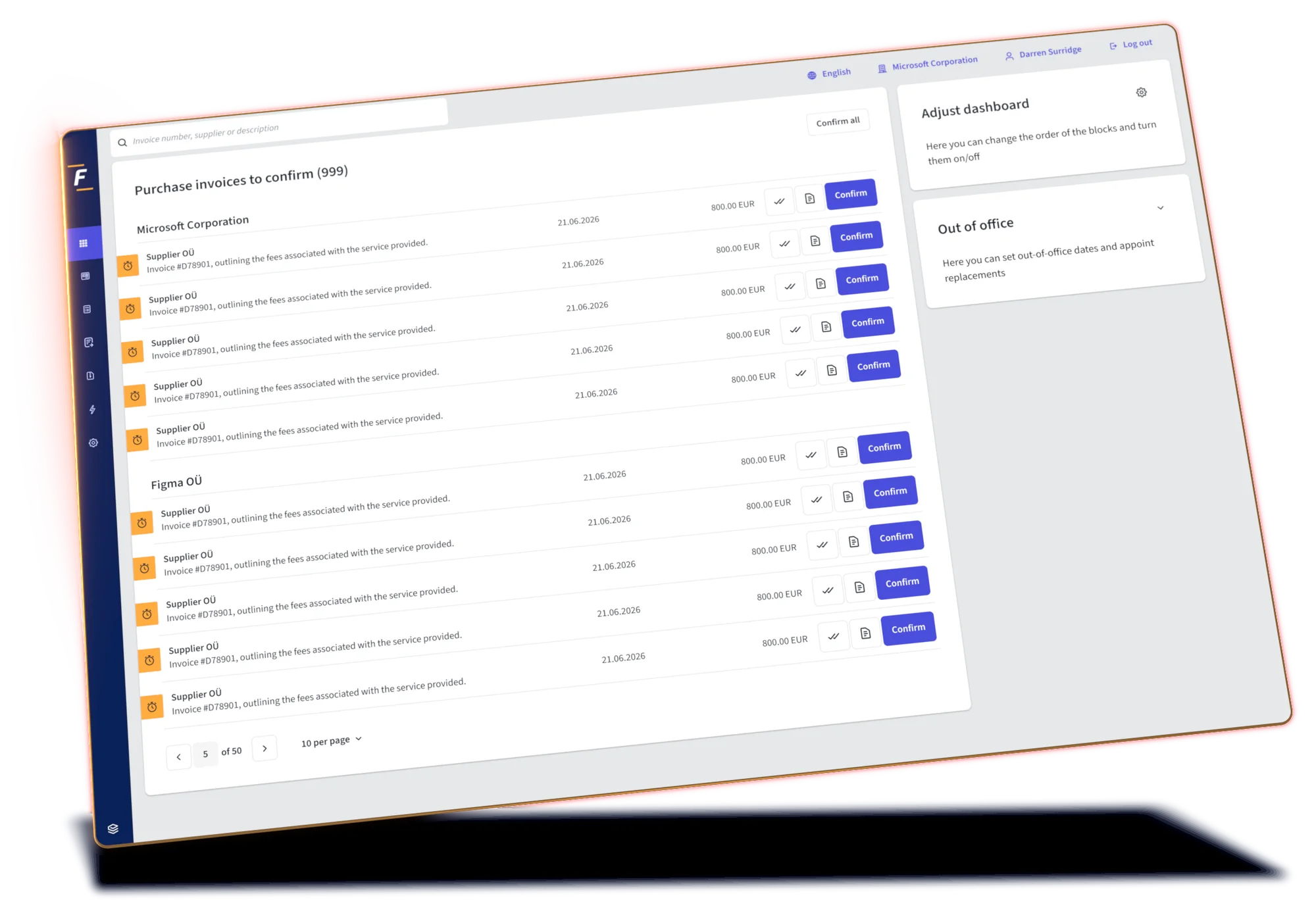Fitek platformos ekranas: sąskaitų tvirtinimo darbo eiga
